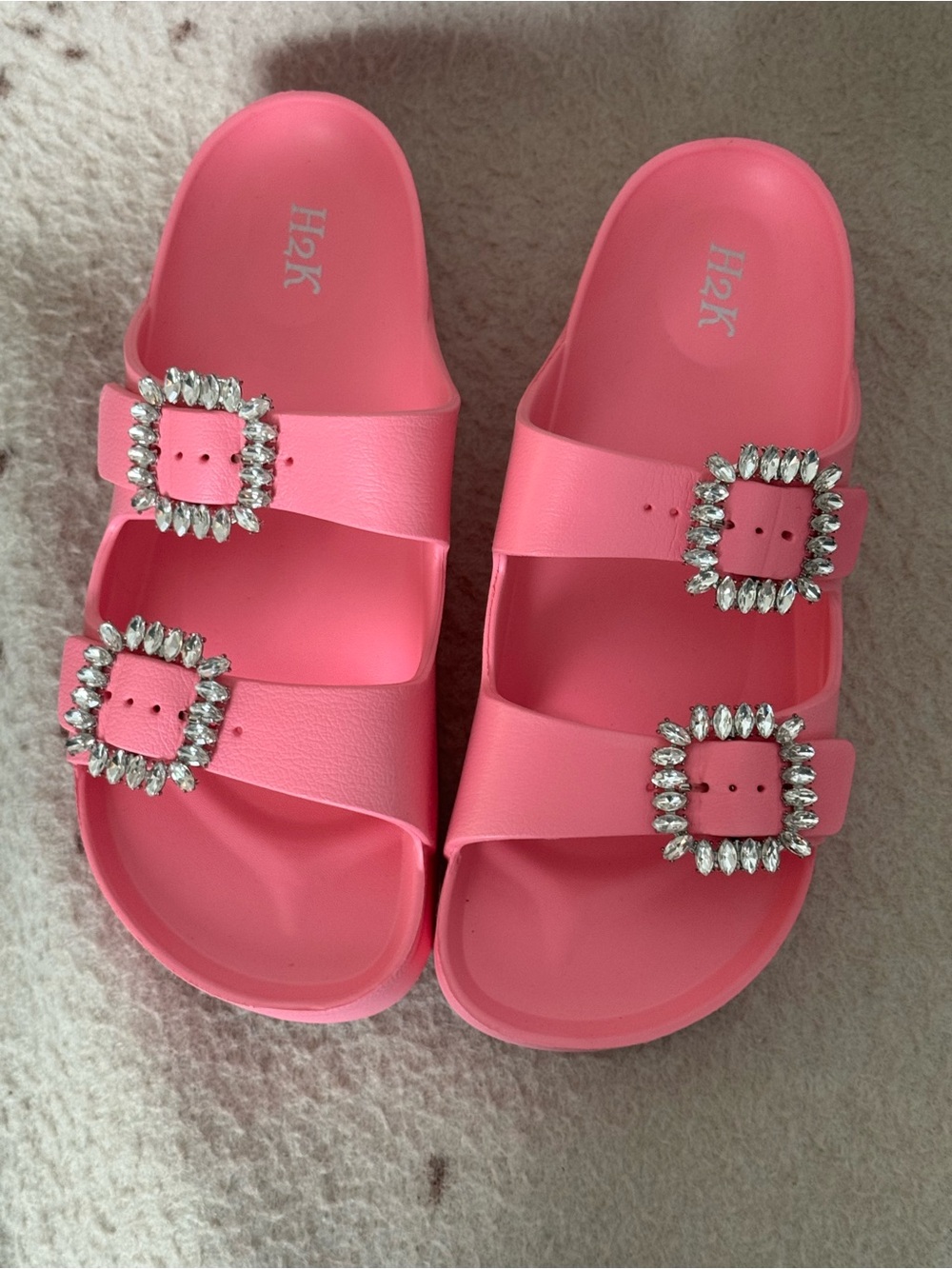 H2K Pink Rhinestone Buckle Slide Sandals for Women